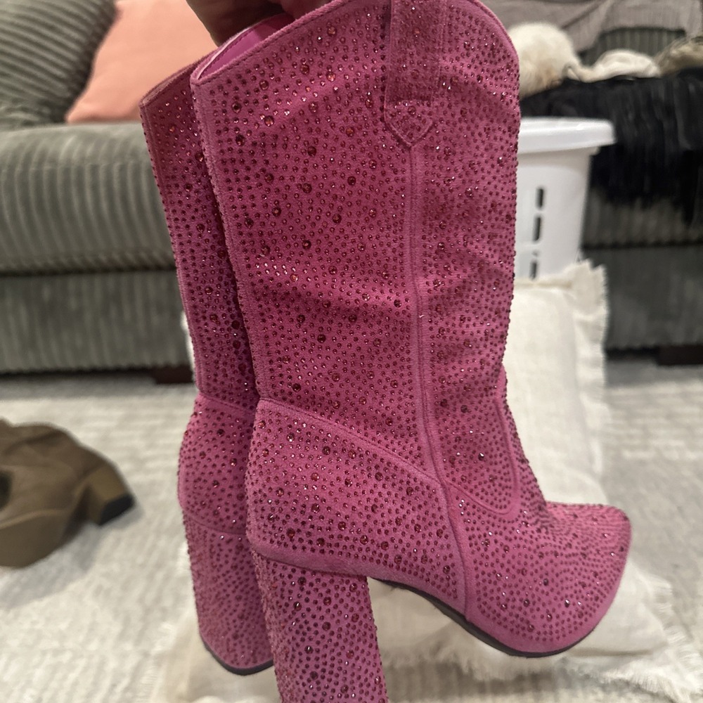Pink Rhinestone Covered Boots High Heel Block Cowgirl Rodeo Western Women's 7 - Picture 7 of 16